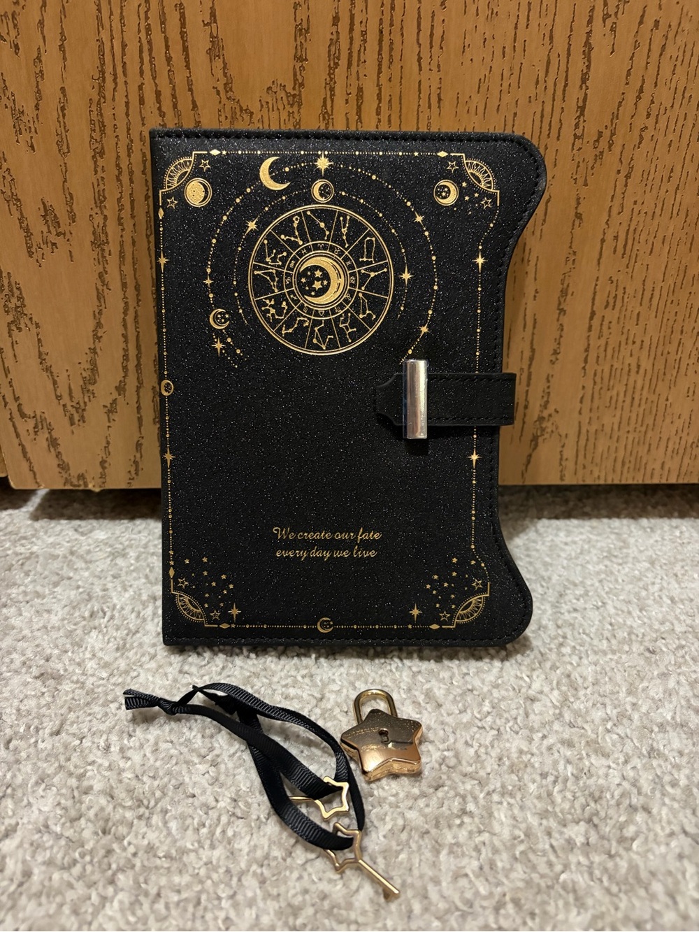 Celestial Zodiac Black & Gold Locking Journal Diary with Star Padlock & Key